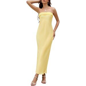 Womens Satin Strapless Maxi Dress Wedding Guest Elegant Formal Bodycon